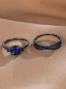 2 piezas Anillo zirconia cúbica - Azul Marino - Ver 2