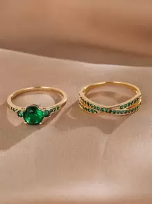 2 piezas Anillo zirconia cúbica - Verde - Ver 2