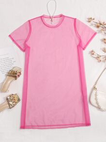 SHEIN EZwear Plus Mock Neck Sheer Mesh Dress - Pink - View 1
