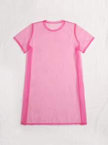 SHEIN EZwear Plus Mock Neck Sheer Mesh Dress - Pink - View 2