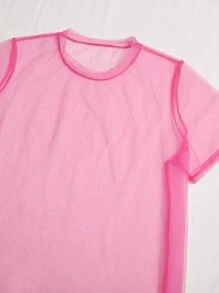 SHEIN EZwear Plus Mock Neck Sheer Mesh Dress - Pink - View 4