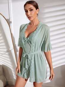 拼接蕾絲荷葉袖腰帶網紗睡袍和吊帶洋裝睡衣套裝不附內衣