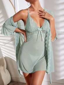 拼接蕾絲荷葉袖腰帶網紗睡袍和吊帶洋裝睡衣套裝不附內衣