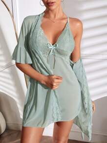 拼接蕾絲荷葉袖腰帶網紗睡袍和吊帶洋裝睡衣套裝不附內衣