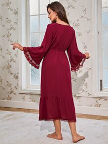 Contrast Lace Ruffle Trim Trumpet Sleeve Pajama Night Dress Long Dress - Burgundy - View 2
