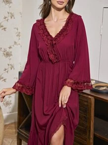 Contrast Lace Ruffle Trim Trumpet Sleeve Pajama Night Dress Long Dress - Burgundy - View 3