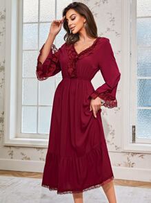 Contrast Lace Ruffle Trim Trumpet Sleeve Pajama Night Dress Long Dress - Burgundy - View 5