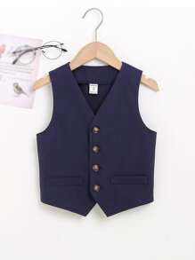 SHEIN Young Boy Button Front Vest Jacket - Navy Blue - View 1