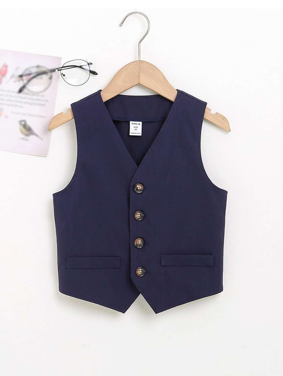 SHEIN Young Boy Button Front Vest Jacket - Navy Blue - View 1