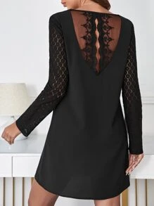 SHEIN Frenchy Contrast Lace Keyhole Back Tunic Dress - Black - View 1