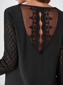 SHEIN Frenchy Contrast Lace Keyhole Back Tunic Dress - Black - View 3