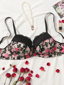 Plus Floral Print Contrast Lace Underwire Bra - Multicolor - View 1