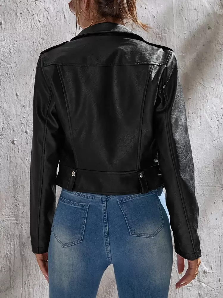 SHEIN Tall Jaqueta de Motociclista com Zíper em Couro Sintético para Outono/Inverno - Preto - Visão 2