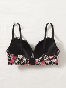 Plus Floral Print Contrast Lace Underwire Bra - Multicolor - View 2
