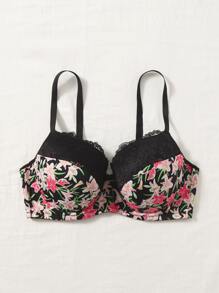Plus Floral Print Contrast Lace Underwire Bra - Multicolor - View 3