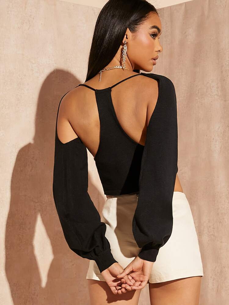 Cut Out Tie Front Crop Sweater
