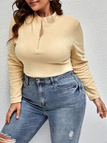 SHEIN LUNE Plus Half Zip Crop Tee - Apricot - View 3