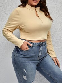 SHEIN LUNE Plus Half Zip Crop Tee - Apricot - View 4