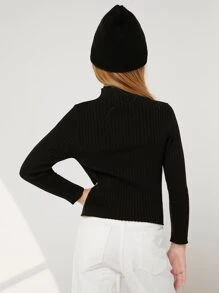 SHEIN Girls Mock Neck Lettuce Trim Sweater - Black - View 2