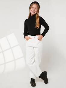 SHEIN Girls Mock Neck Lettuce Trim Sweater - Black - View 4