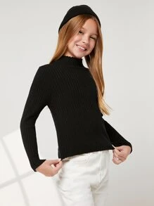 SHEIN Girls Mock Neck Lettuce Trim Sweater - Black - View 5