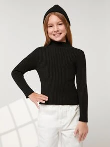 SHEIN Girls Mock Neck Lettuce Trim Sweater - Black - View 6