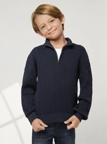 SHEIN Boys Drop Shoulder Zip Half Placket Jumper Without Tee - Navy Blue - View 4