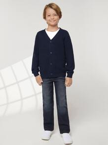 SHEIN Niños Cárdigan unicolor tejido de canalé - Azul Marino - Ver 3