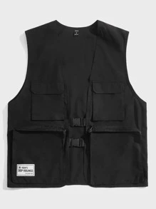 Manfinity VCAY Loose Fit Men's Flap Pocket Patched Detail Buckled Vest Jacket - Black - View 1