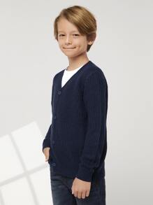 SHEIN Niños Cárdigan unicolor tejido de canalé - Azul Marino - Ver 5