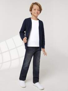 SHEIN Niños Cárdigan unicolor tejido de canalé - Azul Marino - Ver 6