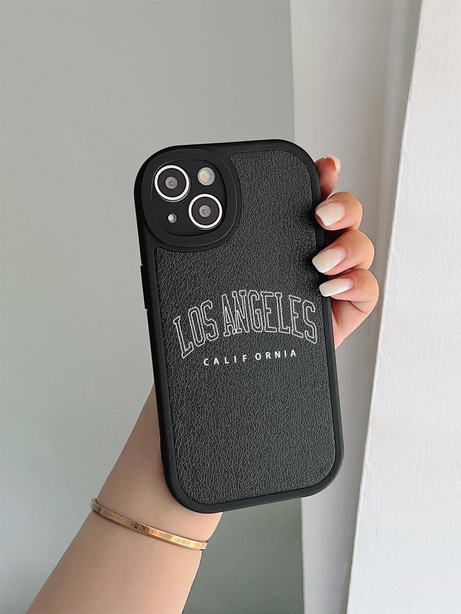 Custodia per telefono in finta pelle di lusso minimalista con slogan "LOS ANGELES", compatibile con 17 Pro Max, 16, 16 Pro Max, 16 Pro, 16 Plus - nero - Visualizzare 1