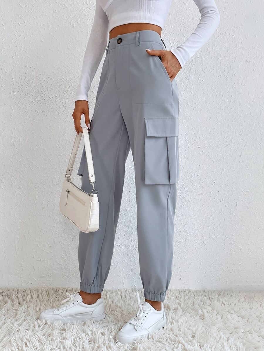 SHEIN EZwear Slant Pocket Cargo Trousers - Grey - View 1