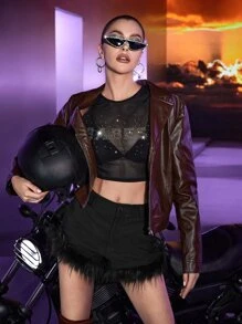 SHEIN Rhinestone Letter Graphic Sheer Mesh Crop Top Without Bra - Black - View 1