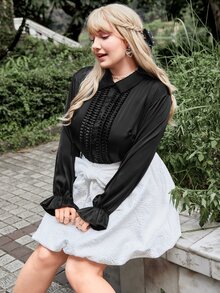 Plus Frill Trim Flounce Sleeve Solid Shirt - Black - View 2