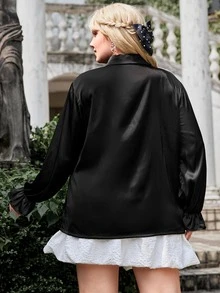 Plus Frill Trim Flounce Sleeve Solid Shirt - Black - View 4