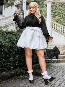 Plus Frill Trim Flounce Sleeve Solid Shirt - Black - View 5