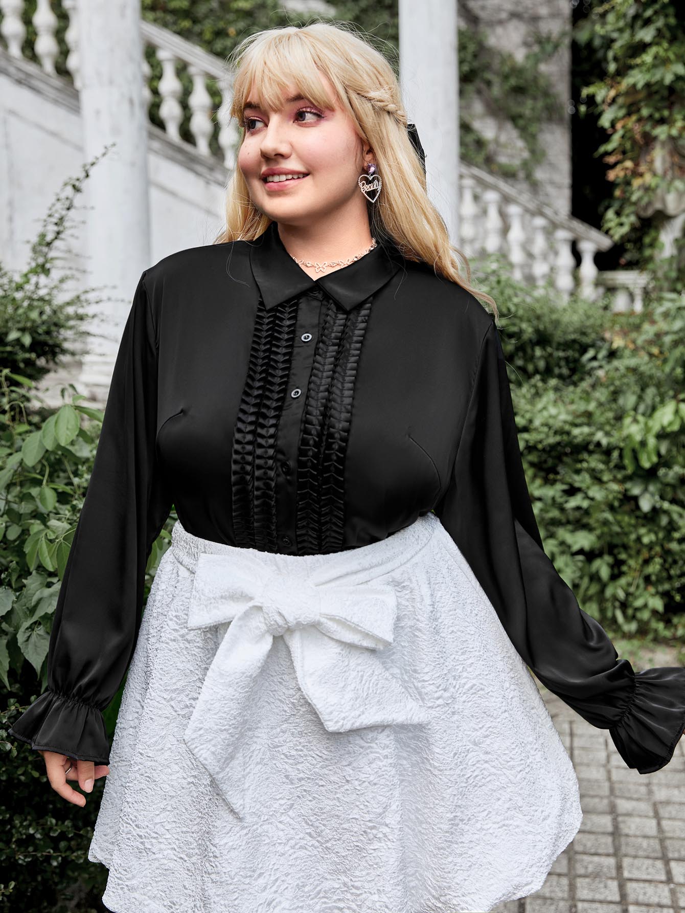 Plus Frill Trim Flounce Sleeve Solid Shirt - Black - View 1