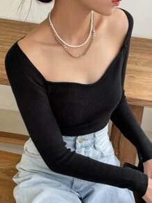 DAZY Ribbed Knit Sweetheart Neck Jumper - Black - View 3