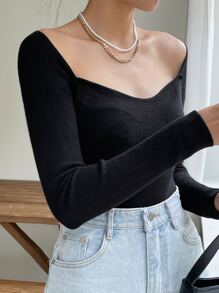 DAZY Ribbed Knit Sweetheart Neck Jumper - Black - View 5