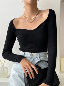 DAZY Ribbed Knit Sweetheart Neck Jumper - Black - View 7