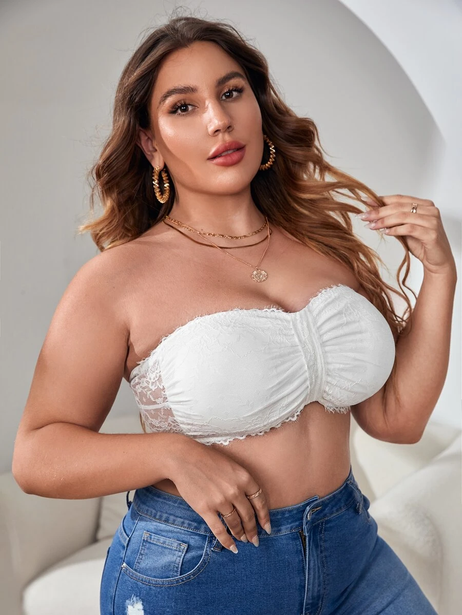 Plus Eyelash Lace Panel Strapless Bralet - White - View 1