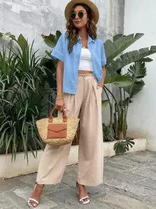 SHEIN LUNE 蝙蝠袖口袋貼布襯衫