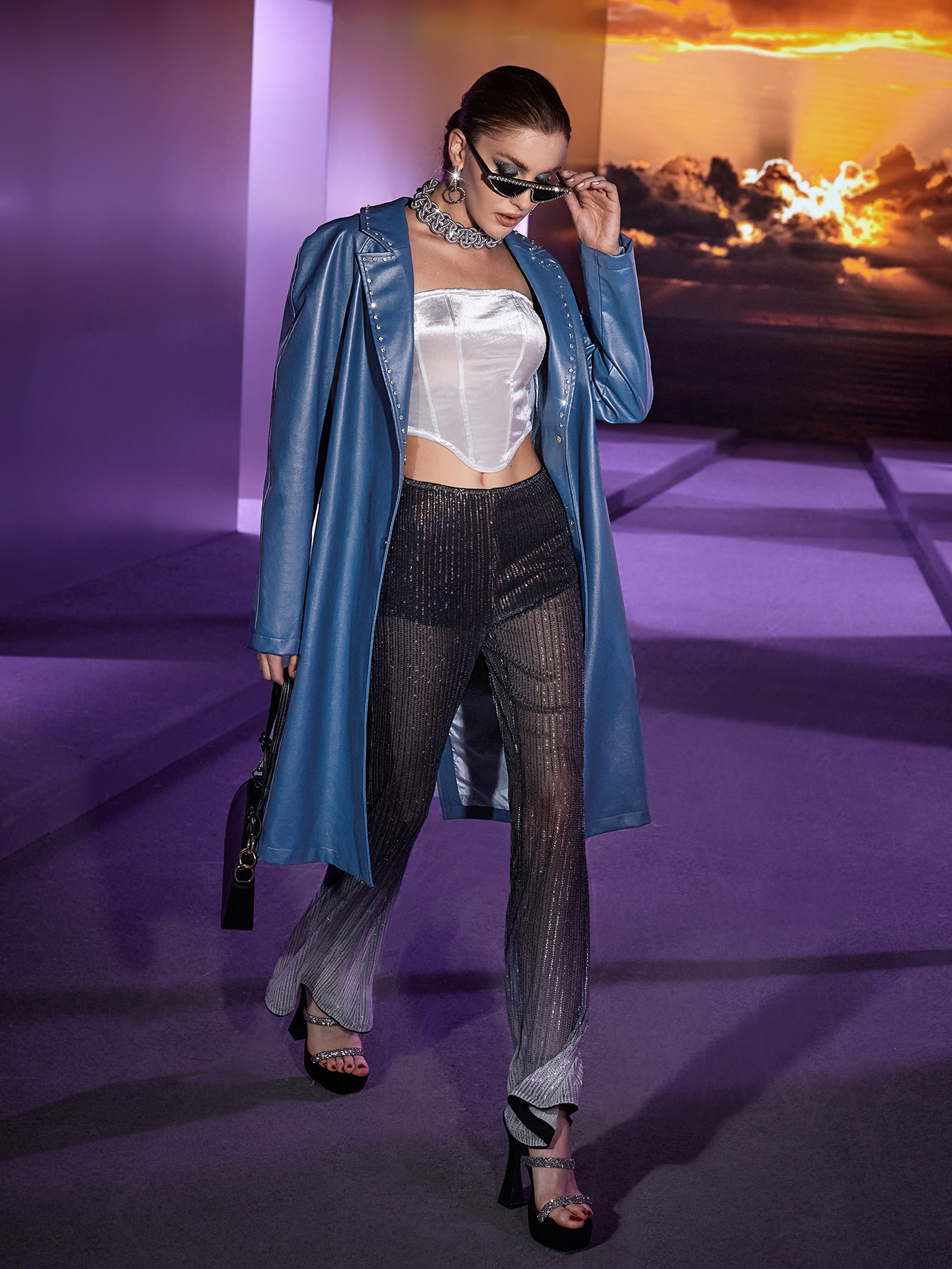 SHEIN Solid Studded Detail Belted Coat SHEIN USA