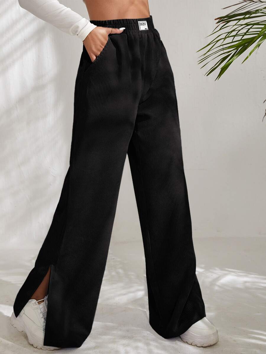 Muchica Letter Patched Slit Hem Corduroy Pants
