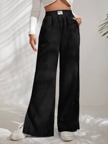 Muchica Letter Patched Slit Hem Corduroy Pants