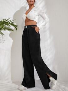 Muchica Letter Patched Slit Hem Corduroy Pants