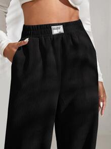 Muchica Letter Patched Slit Hem Corduroy Pants