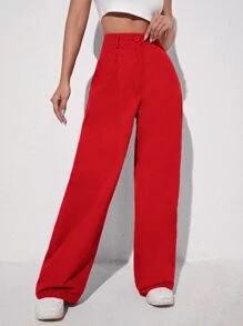 SHEIN EZwear Solid Wide Leg Trousers - Red - View 1