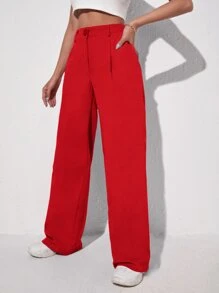 SHEIN EZwear Solid Wide Leg Trousers - Red - View 4